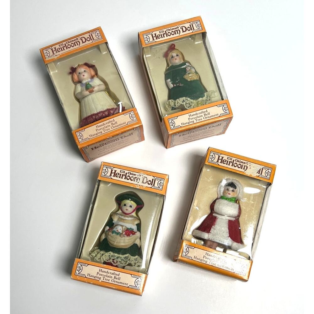 4 Vtg 80s Jasco L'il Chimers Christmas Ornament Bells Heirloom Dolls Porcelain